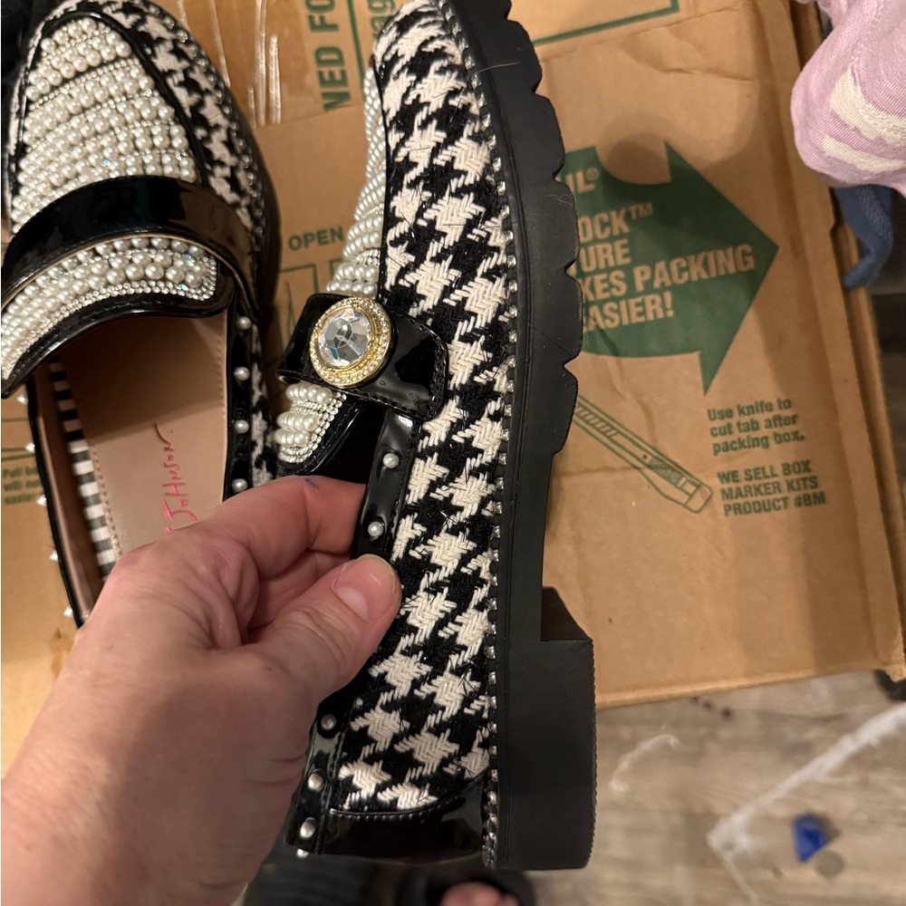 Betsey Johnson Black and White Pearl Embellished Loafers - Picture 2 of 7